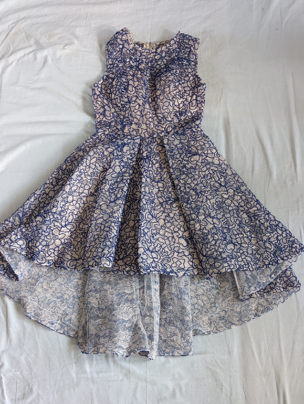 B. Darlin Blue and Cream Lace Fit-and-Flare Hi-Lo Dress